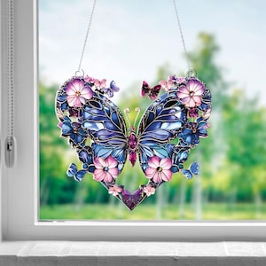 Butterfly Heart Window Hanging Acrylic, Floral Butterfly Ornament, Style Decor, Home and Car Decoration, Romantic Gift for Her, Home Decor