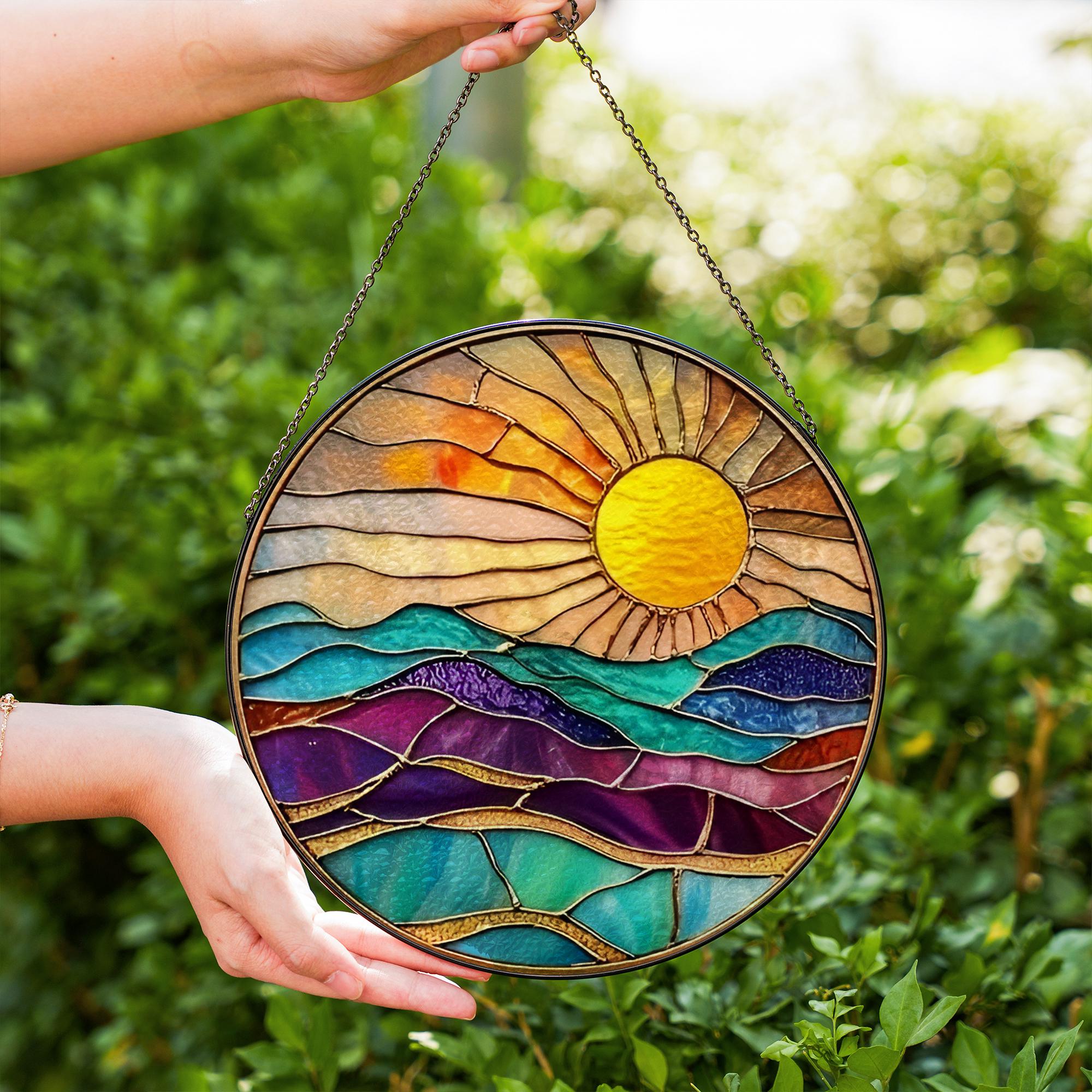 日の出ステンドグラスサンキャッチャー、カラフルな山の夕日の窓装飾