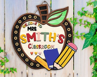 Personalized Apple Teacher Door Sign, Classroom Welcome Sign, Custom Name Sign for Teachers, Pencil Book Ruler Decor, First Grade Gift Idea