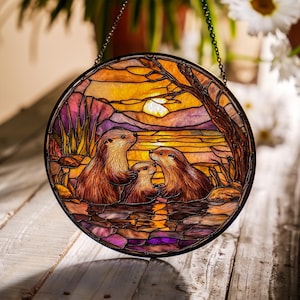 Otter Family glass Suncatcher, Sunset River Scene Window Hanging, Otter Suncatcher, Nature Home Decor, Unique Gift for Animal Lovers