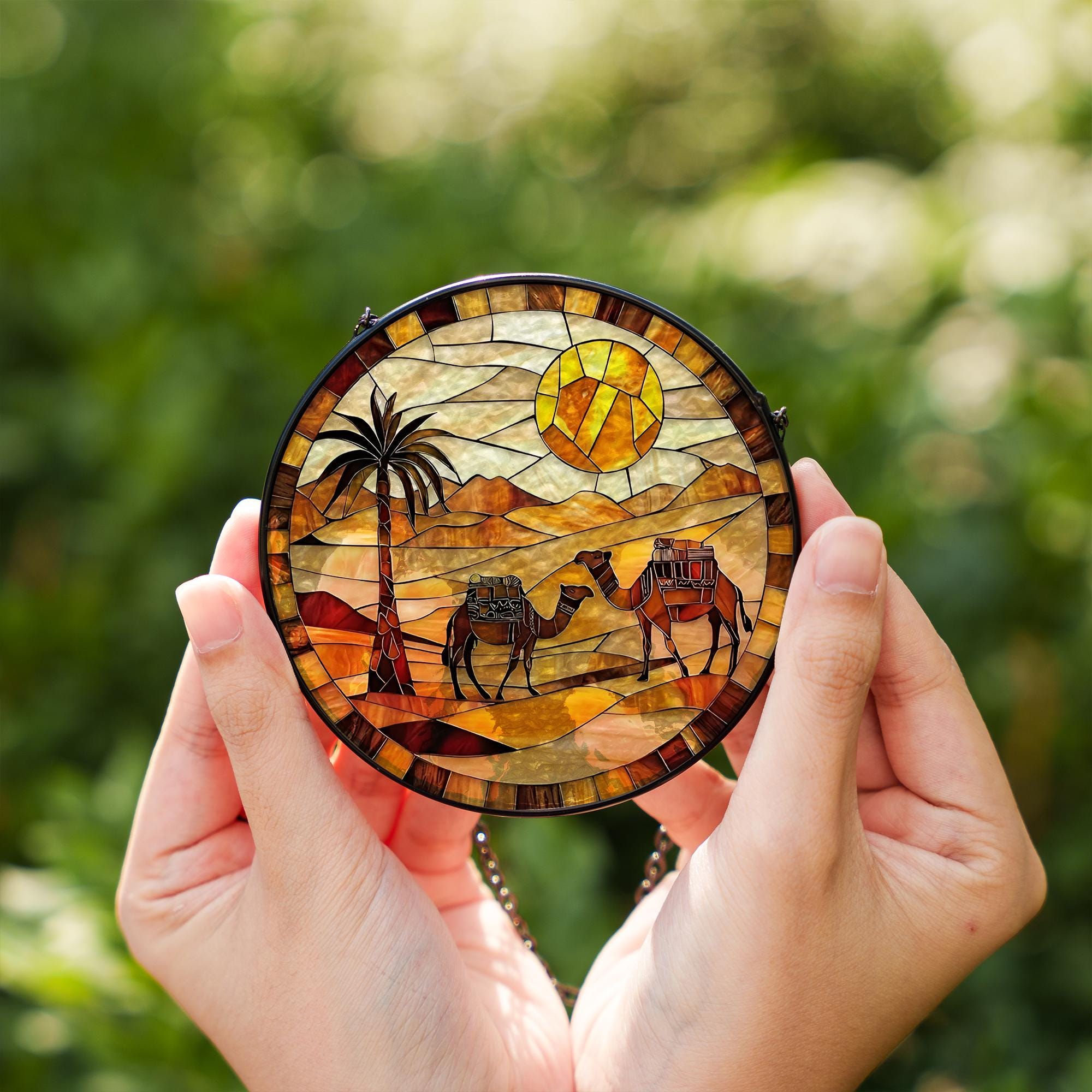 Desert Camel Stained Glass Suncatcher, Palm Tree Sunset Window