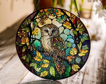 Owl Stained Glass Suncatcher, Stunning Owl Window Hanging Gift for Nature and Animal Lovers, Unique Home or Office Woodland Bird Decor