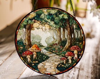 Atrapasueños de vitrales con diseño de bosque de setas, colgante de ventana con hada del bosque, arte colgante de ventana con forma de luna de seta voladora, regalo para amantes de la botánica