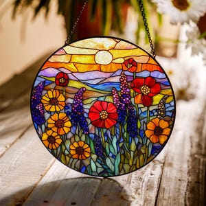 Mountain Wildflower Glass Suncatcher, Florist Gift, Sunset on the mountain, Colorful Sunset Meadow Art, Boho Garden Decor, Nature Gift Idea