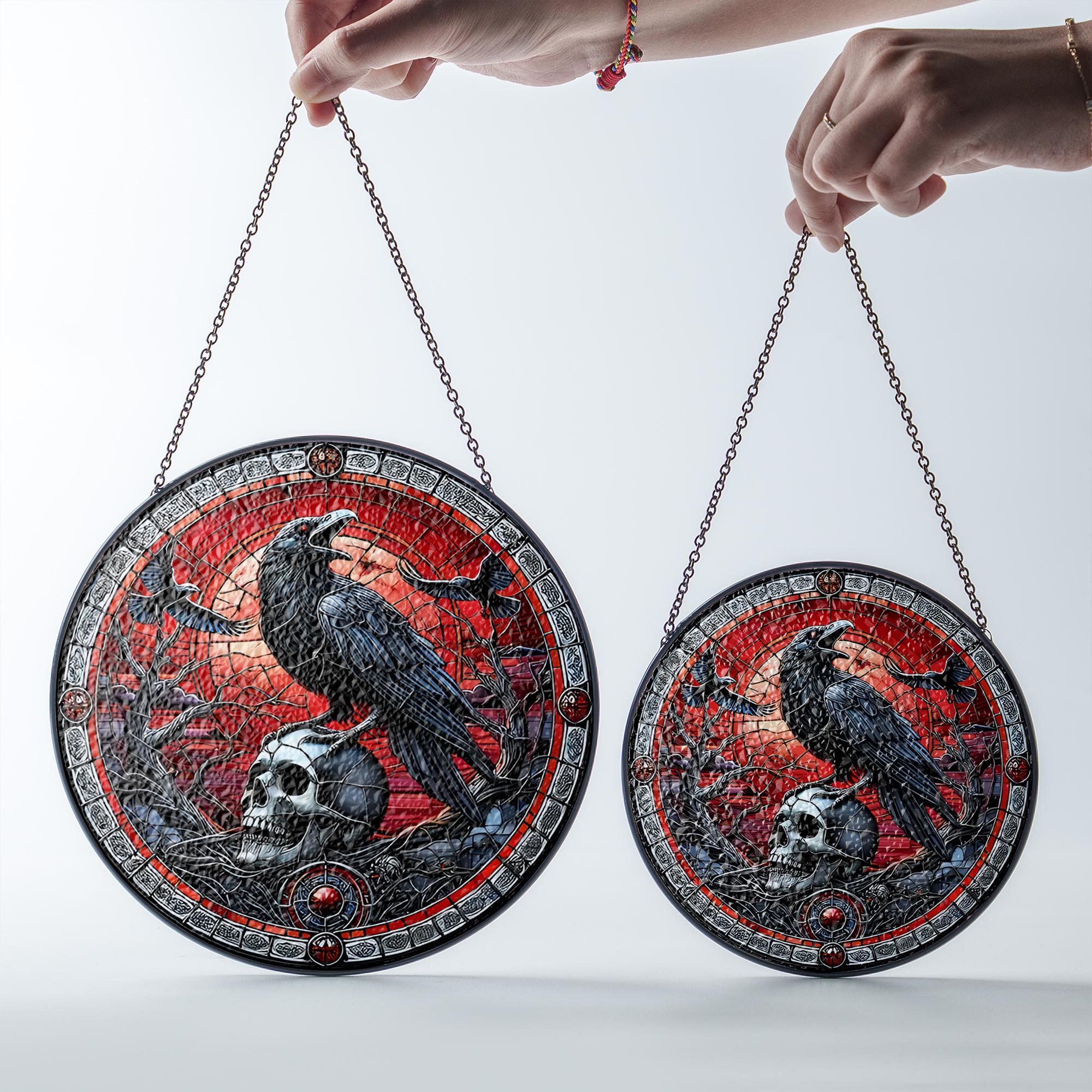 Decorazione Da Finestra In Vetro Colorato Con Corvo Sulla Luna | Arredamento Gotico Per Halloween Fatto A Mano | Acchiappasole Mistico Per Interni E Finestre