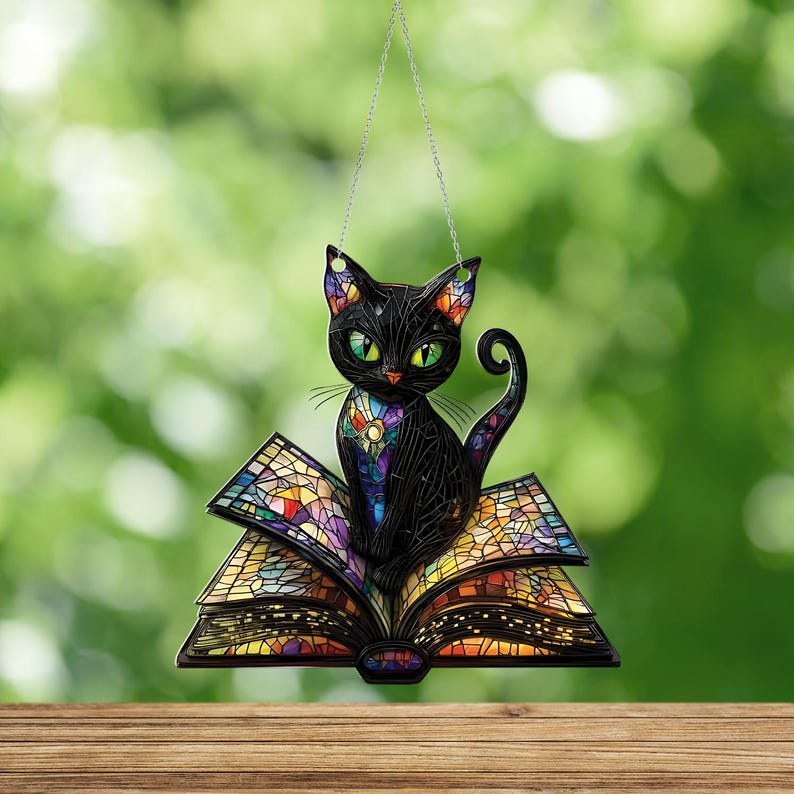 Magic Book and Black Cat Acrylic Suncatcher, Cute Cat Window Hanging ...