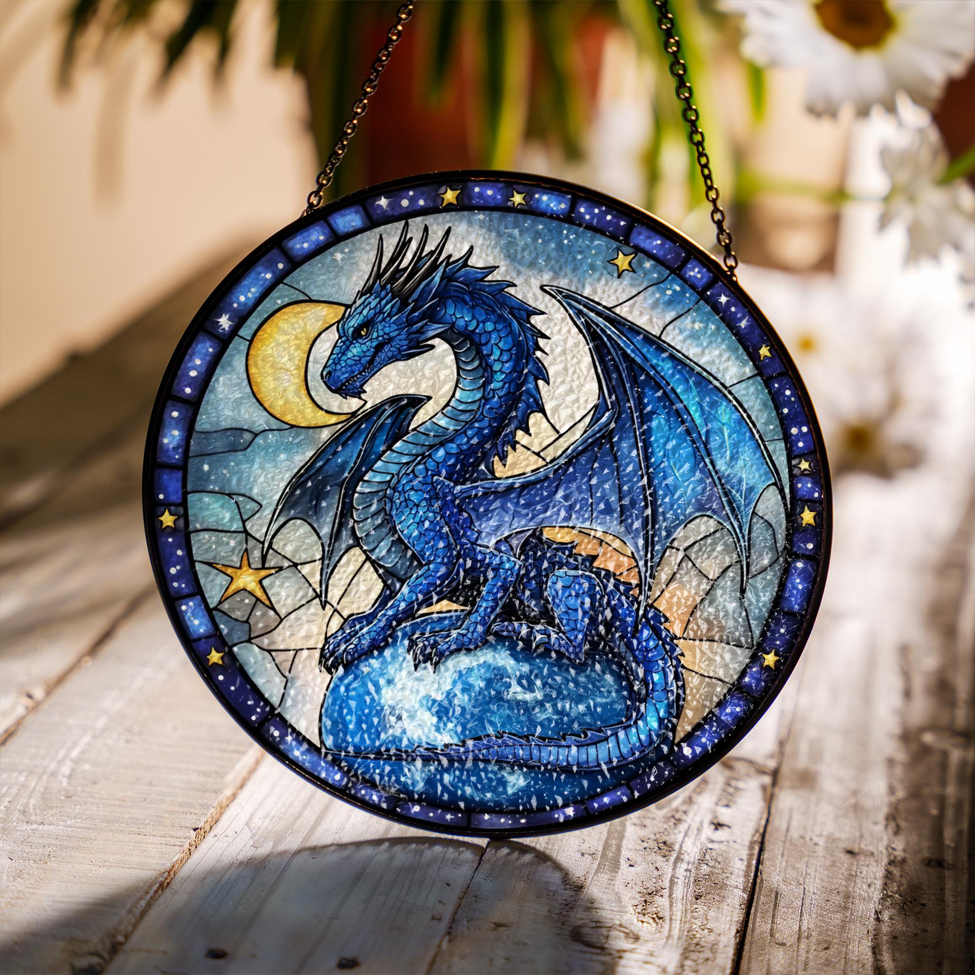 ブルードラゴンのステンドグラスサンキャッチャー、窓飾り、ドラゴン