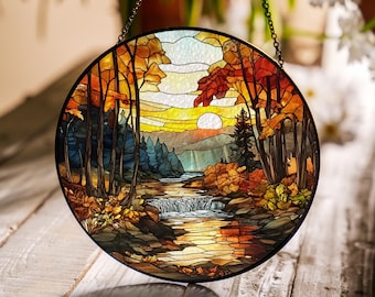 Autumn Forest Path Stained Glass Mosaic: Artwork for Hanging in