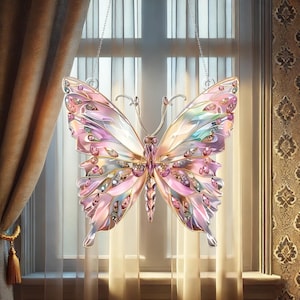 Puede incluir: Un atrapasoles decorativo con forma de mariposa con alas iridiscentes y detalles de cristal rosa, morado y transparente. La mariposa está suspendida por una cadena frente a una ventana con cortinas transparentes.