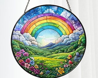 Rainbow Flowers Stained Glass Suncatcher, Colorful Window Hanging with Floral Meadow, Rainbow Bridge Memorial, Uplifting Garden Gift