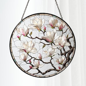 Weißer Magnolien-Buntglas-Sonnenfänger, Frühlingsblumen-Fensterbehang, Kunstglasdekor, Mutter-Geburtsblumengeschenk, Naturkunst zum Muttertag