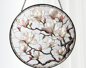 Attrape-soleil en vitrail de magnolia blanc, fleurs de printemps suspendues, décoration en faux verre, cadeau fleur de naissance pour maman, oeuvre d'art de la nature pour la fête des mères