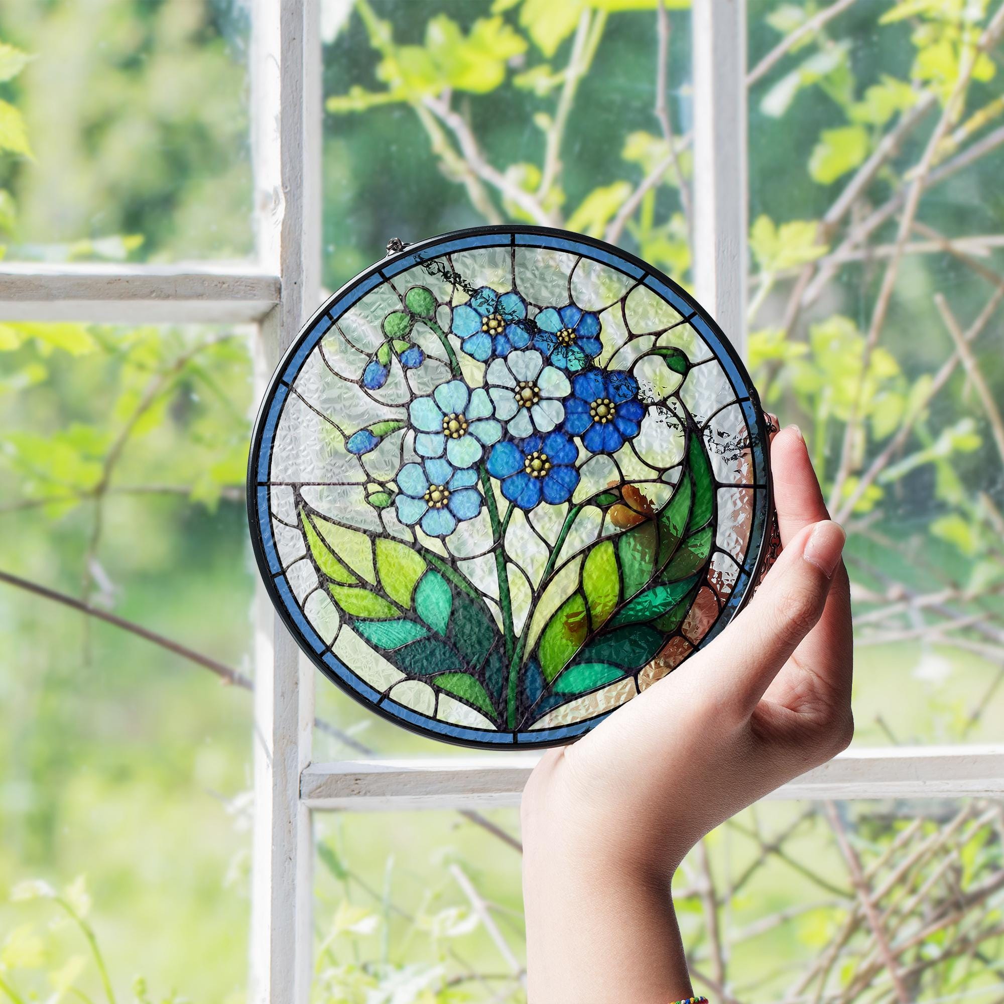 忘れな草の花のステンドグラスサンキャッチャー、母の日のプレゼント