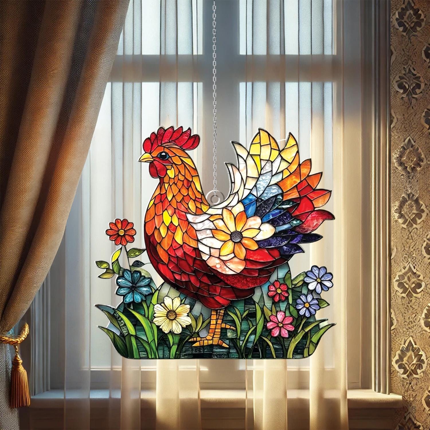 Buntglas Hahn Fensterbehang - Sonnenfänger Für Fenster, Landhaus-Stil Deko, Handgefertigt
