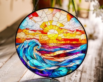 手作りステンドグラスのオーシャンサンキャッチャー：海岸の波のアート