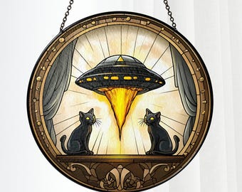 Black Cat UFO Stained Glass Suncatcher, Gothic Alien Window Hanging, Spooky Cat Decor, Funny Cat Gift, Witchy Home Decor, Cat Lover Gift