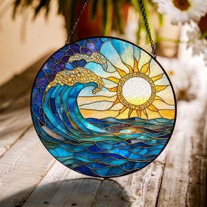 Sunrise On The Beach Glass Suncatcher, Ocean Waves at Sunrise, Beach Window Decor, Coastal Sun Catcher, Sunrise Lover Gift, Home Decor