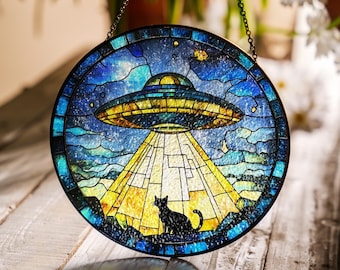UFO and Alien Cat Faux Stained Glass Suncatcher, Funny Cat Window Hanging, Whimsical Home Decor, Quirky Cat Gift, Housewarming Ornament