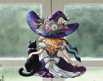 黒猫の魔女アクリルサンキャッチャー、ハロウィンの窓飾り、魔女の装飾