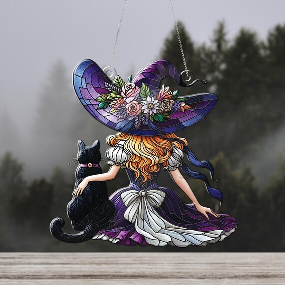 ハロウィンに　ステンドグラス　モビール(魔女、ガイコツ、黒猫) 黒猫の魔女アクリルサンキャッチャー、ハロウィンの窓飾り、魔女の装飾