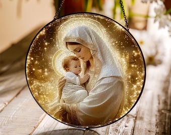Attrape-soleil en verre Vierge Marie et l'enfant Jésus, art mural chrétien, décoration de fenêtre Jésus, cadeau déco spirituel, attrape-soleil Vierge Marie religieux