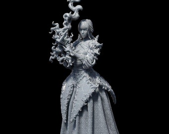 Pode incluir: Uma figura cinzenta, detalhada, impressa em 3D de uma pessoa vestindo um vestido fluido e segurando uma chama estilizada na mão.