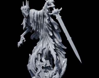 May include: A gray, skeletal figure with a crown and a flowing robe stands on a base with a skull and crossbones. The figure holds a sword in its right hand.