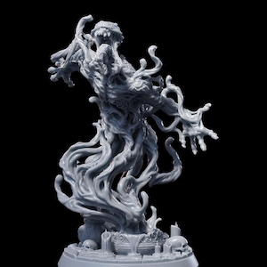 May include: A 3D printed figurine of a creature made of swirling, gray, organic shapes. The creature has a humanoid form with multiple arms and a gaping mouth. It is standing on a circular base with a sculpted design of skulls and candles.