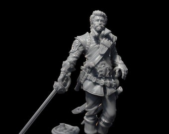 May include: A gray 3D printed miniature of a man wearing a detailed outfit with a sword and a bag with a compass. The miniature is standing on a round base.