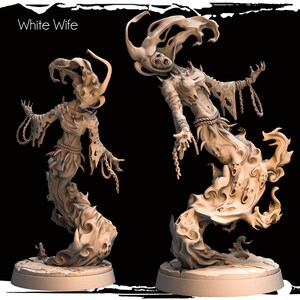 Puede incluir: Dos figuras de fantasía beige de una mujer espectral con formas fluidas en forma de llama. Las figuras tienen rasgos faciales detallados y están adornadas con cadenas. El texto "White Wife" está en la esquina superior izquierda.