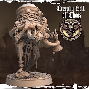 May include: A miniature figurine of a skeletal creature carrying a bell and a large, chained, skull-filled container. The figurine is painted in a light brown color and is standing on a circular base. The text "Creeping Bell of Chaos" is visible in the image.