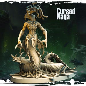 May include: A detailed, off-white sculpture of a Cursed Naga, a mythical creature with a human-like upper body and a serpentine lower half. The sculpture features intricate details, including a Medusa-like head and a textured base. The text "Cursed Naga" is displayed in white.