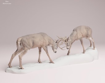 May include: A sculpture depicting two deer locked in combat, with their antlers intertwined. The deer are a pale, neutral color, and stand on a white, snow-like base. The sculpture is set against a soft pink background. The text "Animal Des Miniatures" is in the upper left corner.