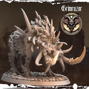 May include: A detailed miniature of a monstrous boar with a spiky, bony exterior and large tusks. The boar is standing on a circular base and is painted in a light gray color. The miniature is labeled "Grimrazor" and is part of the "Army of Chaos" collection.
