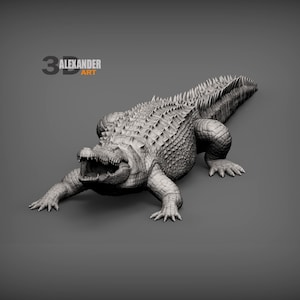 Może przedstawiać: Szary cyfrowy model 3D krokodyla z otwartym pyskiem, ukazujący szczegółowe łuski i grzbiety wzdłuż pleców. Tekst 3D ALEXANDER ART jest widoczny w lewym górnym rogu. Stworzenie jest przedstawione w niskiej, przykucniętej pozycji.
