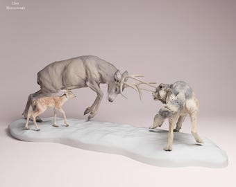 May include: A detailed miniature sculpture depicting a deer, a fawn, and a wolf in a snowy setting. The deer and wolf are posed in a fighting stance, while the fawn stands nearby. The sculpture is painted in shades of gray and tan.