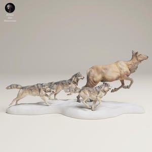 Grey Wolves Hunting Elk Cow | UNPAINTED | plant-based resin 3d print | Nature | Wild Life | Display Piece | Miniatures
