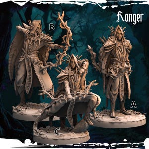 May include: Three miniature figures of a ranger, each in a different pose. The figures are made of a light brown plastic and have intricate details. The figures are standing on circular bases. The word "Ranger" is written in white letters on a dark background.