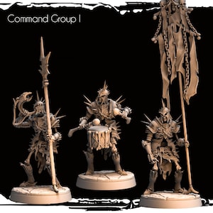 Puede incluir: Tres figuras en miniatura detalladas de guerreros esqueléticos. Uno sostiene una lanza, otro un tambor y el tercero una bandera. Todos están adornados con armaduras y cascos con púas. El texto "Command Group I" está en la parte superior.