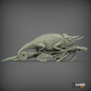 May include: A detailed sculpture of a chameleon with a horn, perched on a branch with a leaf. The chameleon is a light green color with a textured surface. The branch is also light green. The sculpture is set against a gray background.