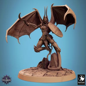 May include: A detailed brown figurine of a winged warrior, holding a curved blade and shield. The figure is posed dynamically, with large, textured wings and intricate armor. The base features the text "FATE UNBOUND" and the Rescale logo.