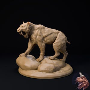 May include: A detailed sculpture of a saber-toothed tiger in a walking pose, with its mouth open, revealing its large fangs. The sculpture is a light brown color and is standing on a set of rocks. The background is black.