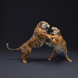 May include: Two detailed tiger figurines in a dynamic pose, engaged in a simulated fight. The tigers are orange with black stripes, white markings, and open mouths. The background is a dark grey.