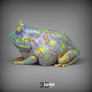 Puede incluir: Una escultura digital tridimensional de una rana cornuda con una superficie texturizada y llena de bultos. La rana presenta una paleta de colores vibrantes con manchas de color azul brillante, morado y verde lima. El texto 3 ALEXANDER ART es visible abajo.