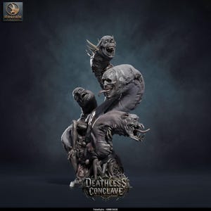 May include: A gray resin miniature figure of a multi-headed creature with elongated necks, human-like faces, and sharp teeth. The base features the text "DEATHLESS CONCLAVE" and "FALSEHYDRA - 40MM BASE" is printed at the bottom of the image.