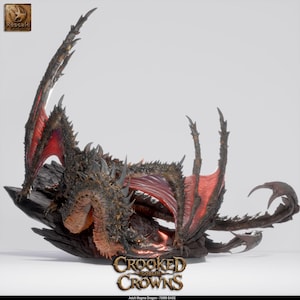 Peut inclure: Une figurine détaillée de dragon de magma adulte avec des écailles sombres texturées et des membranes d'ailes rouge vif, perchée sur un rocher noir déchiqueté. La base est marquée 75mm et le texte Crooked Goblin Crowns est visible en dessous.