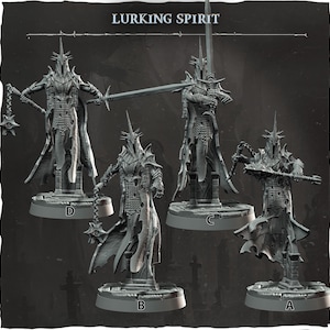 May include: Four gray miniature figures of a Lurking Spirit, each posed differently. The figures are wearing armor and cloaks, and holding weapons such as swords and maces. The figures are on round bases. The text "Lurking Spirit" is at the top.