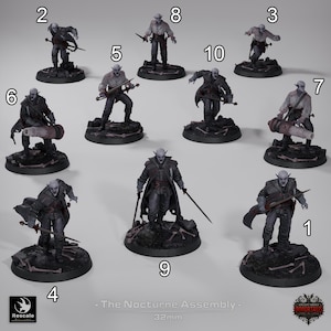 May include: A collection of miniature figures from "The Nocturne Assembly" series. The figures are painted in shades of gray and black, with swords and other weapons. The bases are 32mm in diameter.