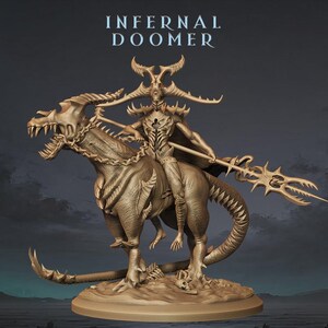 May include: A detailed miniature figurine of a demon riding a skeletal dragon, holding a spear. The demon is wearing armor and has horns. The figurine is painted in a bronze color. The text "INFERNAL DOOMER" is written above the figurine.