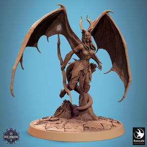 May include: A detailed figurine of a winged creature with horns, holding a bow. The figure is in a dynamic pose, with large, outstretched wings. The base is a light brown color, with the words "Fate Unbound" visible.